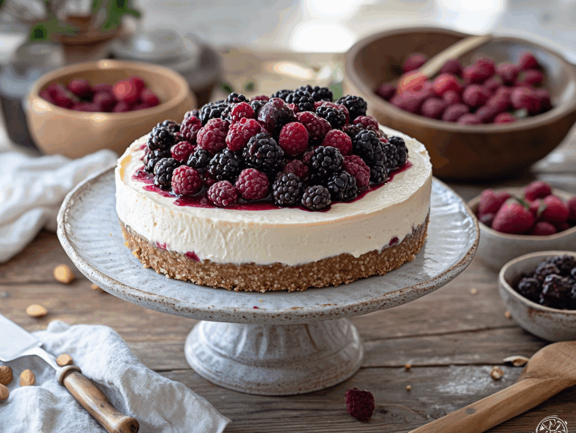 Classic Vegan Cheesecake with Cashew Cream and Berry Compote