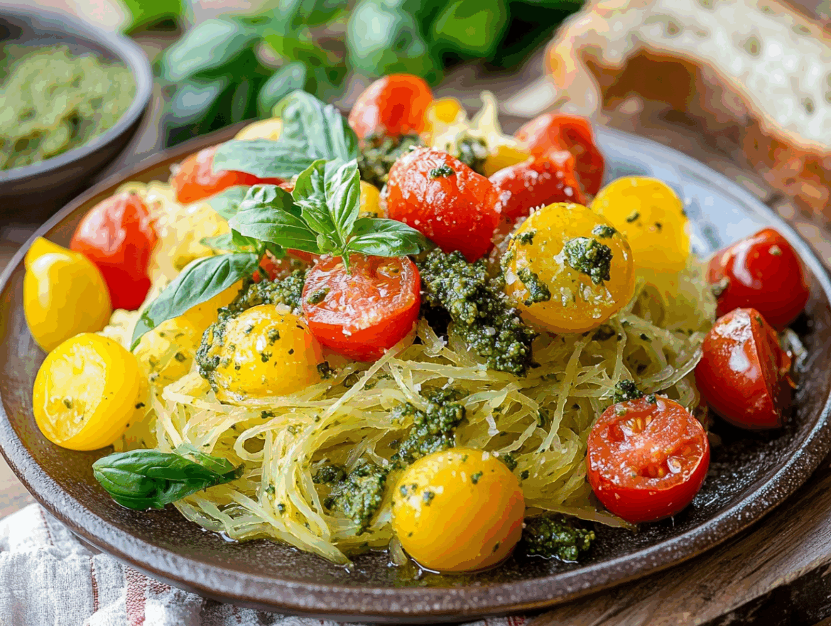 Spaghetti Squash with Pesto and Cherry Tomatoes